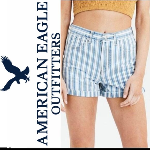 American Eagle Blue Stripes High Rise Jean Shorts​​​​​​​ - Picture 1 of 8
